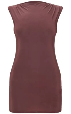 Chocolate Slinky High Neck Ruched Mini Dress