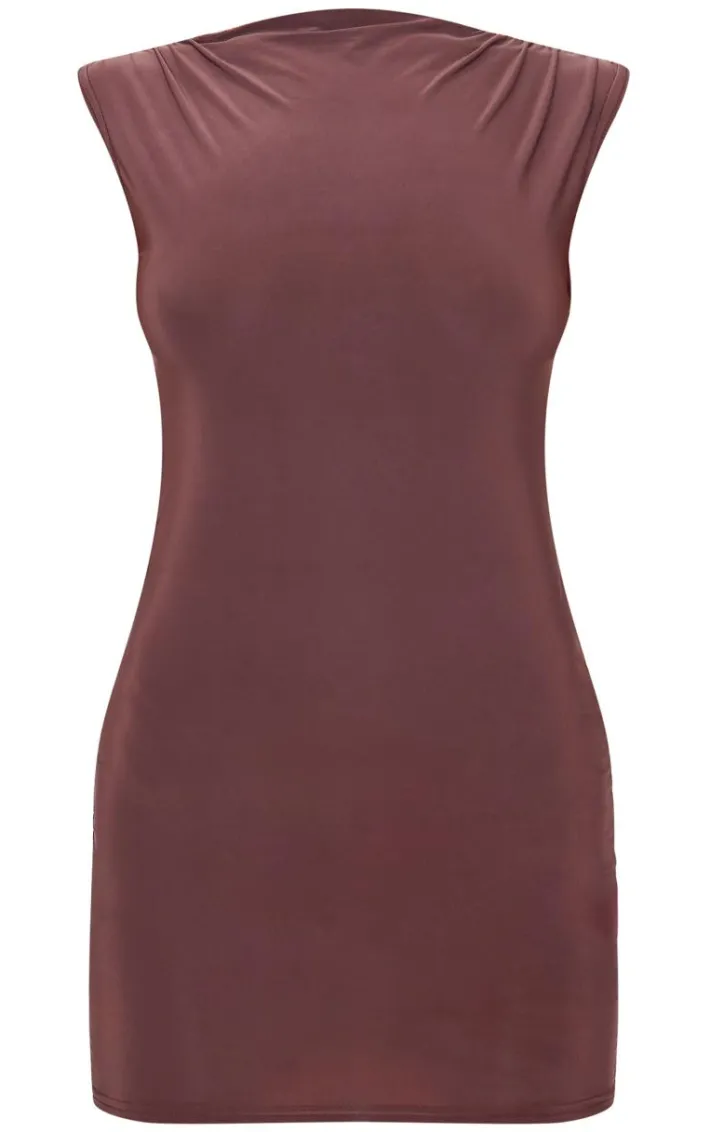 Chocolate Slinky High Neck Ruched Mini Dress