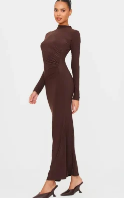 Chocolate Slinky Long Sleeve Maxi Dress