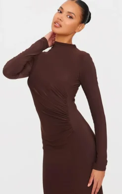 Chocolate Slinky Long Sleeve Maxi Dress