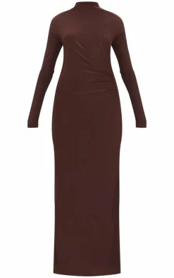Chocolate Slinky Long Sleeve Maxi Dress