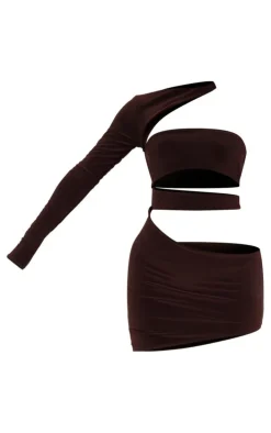 Chocolate Slinky One Shoulder Cut Out Mini Dress