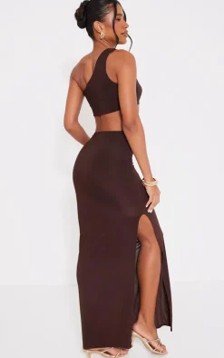 Chocolate Slinky One Shoulder Cut Out Maxi Dress