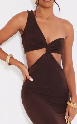 Chocolate Slinky One Shoulder Cut Out Maxi Dress