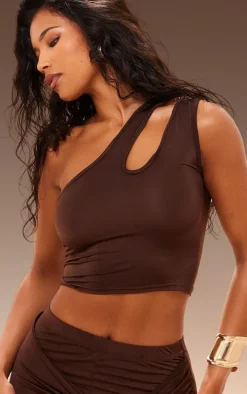 Chocolate Slinky One Shoulder Cut Out Crop Top