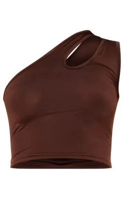 Chocolate Slinky One Shoulder Cut Out Crop Top