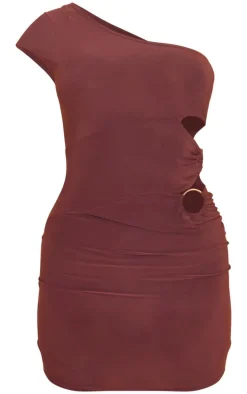 Chocolate Slinky One Shoulder Trim Detail Bodycon Dress
