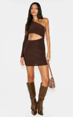 Chocolate Slinky One Shoulder Waist Cut Out Ruched Bodycon