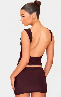 Chocolate Slinky Open Back Cap Sleeve Longline Top