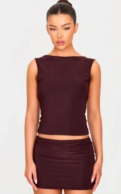 Chocolate Slinky Open Back Cap Sleeve Longline Top