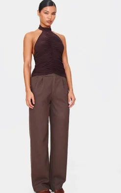 Chocolate Slinky Ruched High Neck Long Top