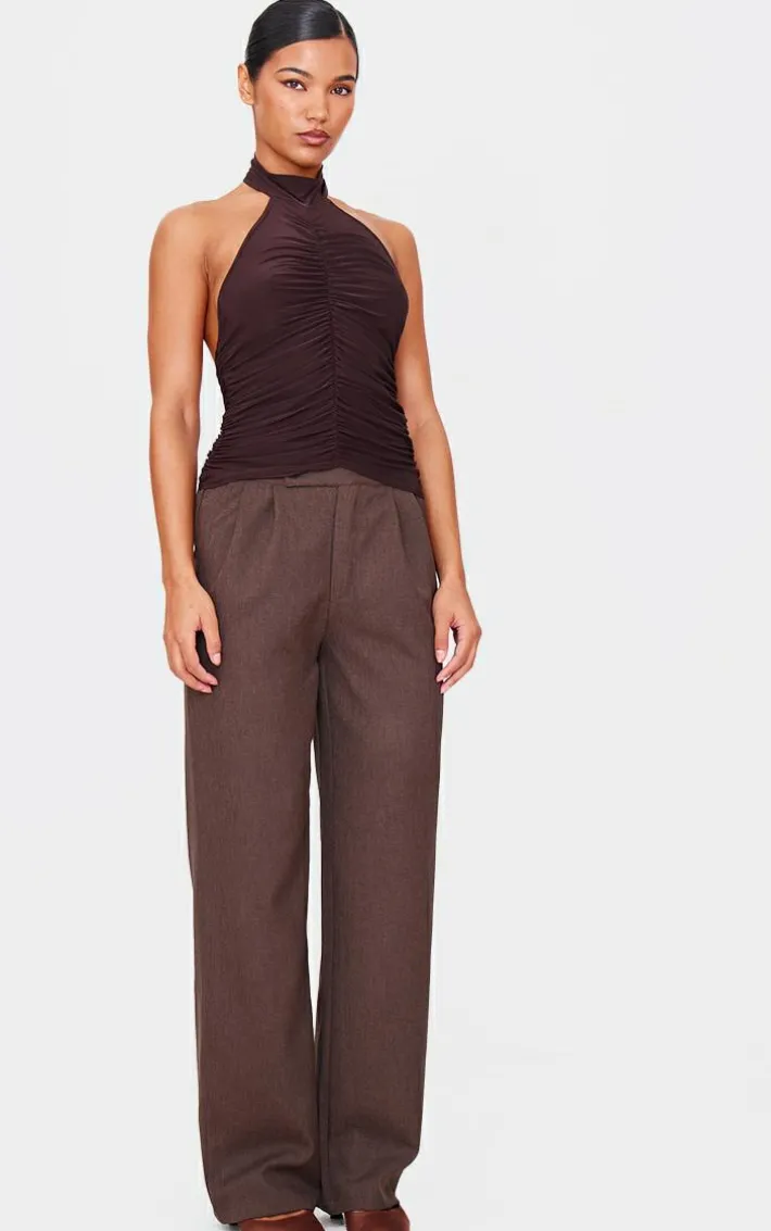 Chocolate Slinky Ruched High Neck Long Top