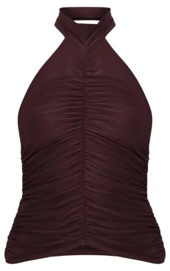 Chocolate Slinky Ruched High Neck Long Top