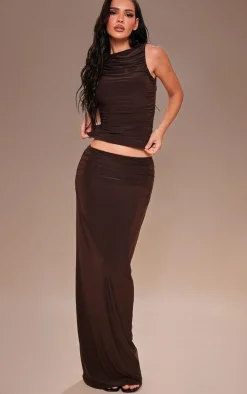 Chocolate Slinky Ruched Maxi Skirt