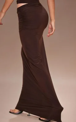 Chocolate Slinky Ruched Maxi Skirt