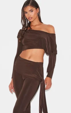 Chocolate Slinky Ruched Off The Shoulder Long Sleeve Top