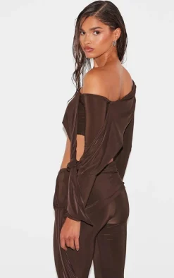 Chocolate Slinky Ruched Off The Shoulder Long Sleeve Top