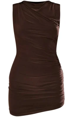 Chocolate Slinky Ruched Shoulder Racer Neck Bodycon Dress