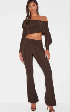 Chocolate Slinky Ruched Tie Detail Flare Pants