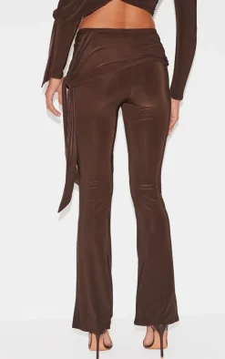 Chocolate Slinky Ruched Tie Detail Flare Pants