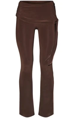 Chocolate Slinky Ruched Tie Detail Flare Pants