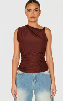 Chocolate Slinky Ruched Twist Strap Detail Long Top