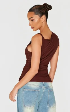 Chocolate Slinky Ruched Twist Strap Detail Long Top