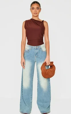 Chocolate Slinky Ruched Twist Strap Detail Long Top