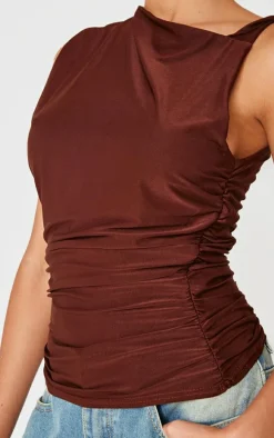 Chocolate Slinky Ruched Twist Strap Detail Long Top