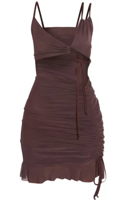 Chocolate Slinky Side Cut Out Ruched Frill Hem Mini Dress