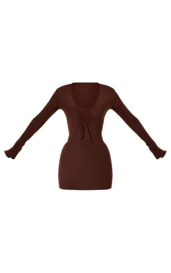 Chocolate Slinky Tie Front Long Sleeve Bodycon Dress