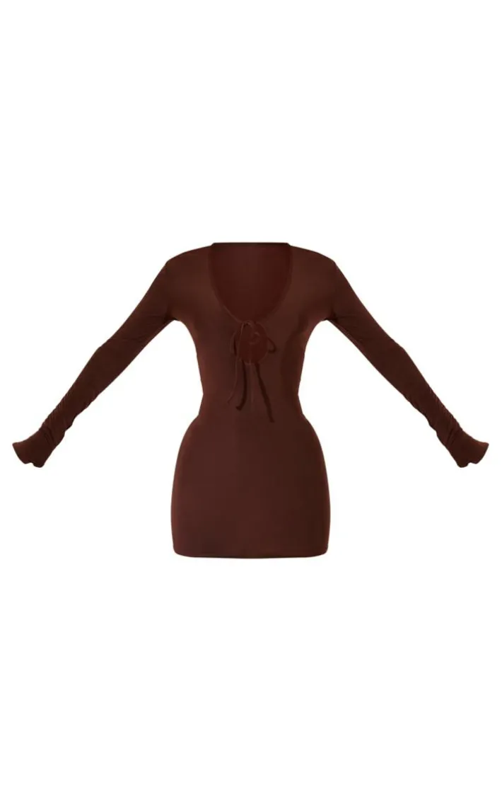 Chocolate Slinky Tie Front Long Sleeve Bodycon Dress