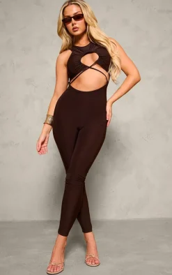 Chocolate Slinky Twist Front Racer Neck Jumpsuit