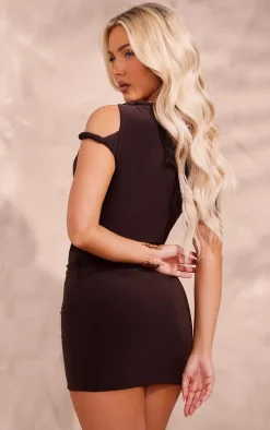Chocolate Slinky Twist Shoulder Bodycon Dress