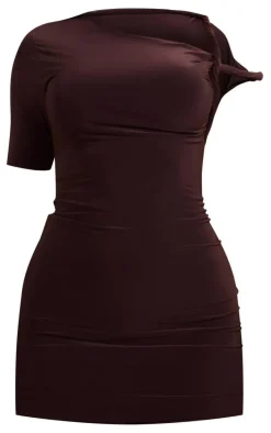 Chocolate Slinky Twist Shoulder Bodycon Dress