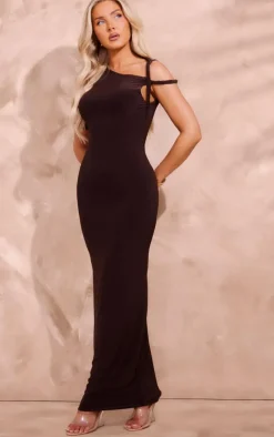 Chocolate Slinky Twist Shoulder Midaxi Dress