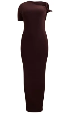 Chocolate Slinky Twist Shoulder Midaxi Dress