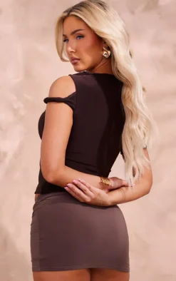 Chocolate Slinky Twist Shoulder Long Top