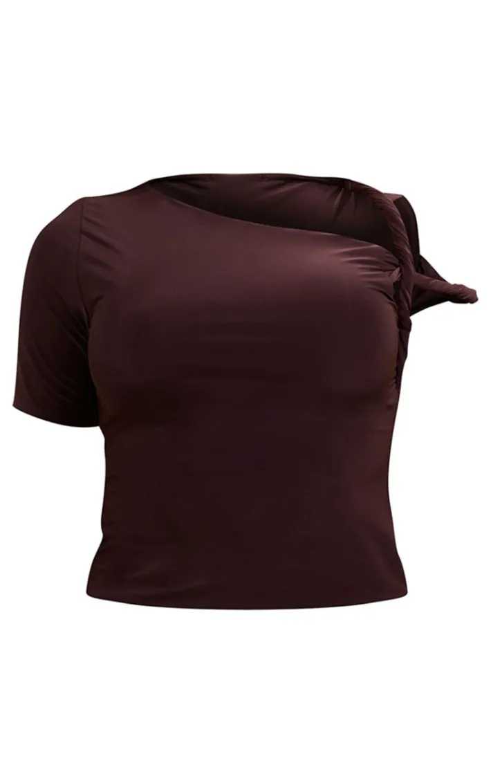 Chocolate Slinky Twist Shoulder Long Top