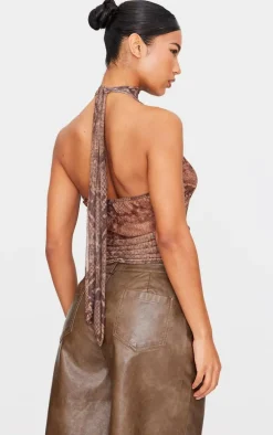 Chocolate Snake Print Mesh High Neck Backless Long Top
