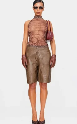 Chocolate Snake Print Mesh High Neck Backless Long Top