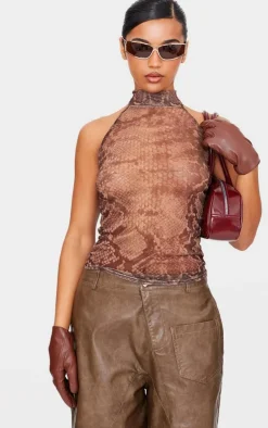 Chocolate Snake Print Mesh High Neck Backless Long Top