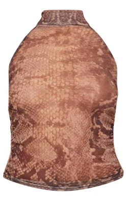 Chocolate Snake Print Mesh High Neck Backless Long Top