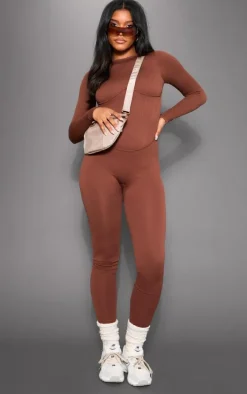 Chocolate Snatched Rib Long Sleeve Corset Detail Jumpsuit