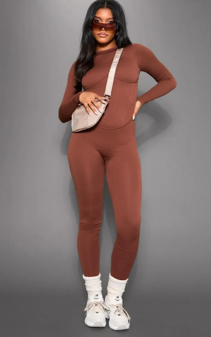 Chocolate Snatched Rib Long Sleeve Corset Detail Jumpsuit
