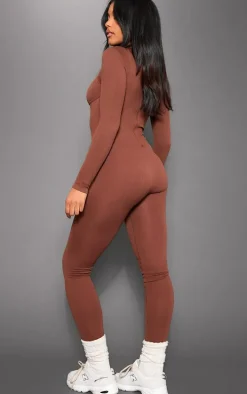 Chocolate Snatched Rib Long Sleeve Corset Detail Jumpsuit