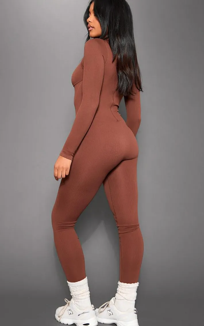 Chocolate Snatched Rib Long Sleeve Corset Detail Jumpsuit