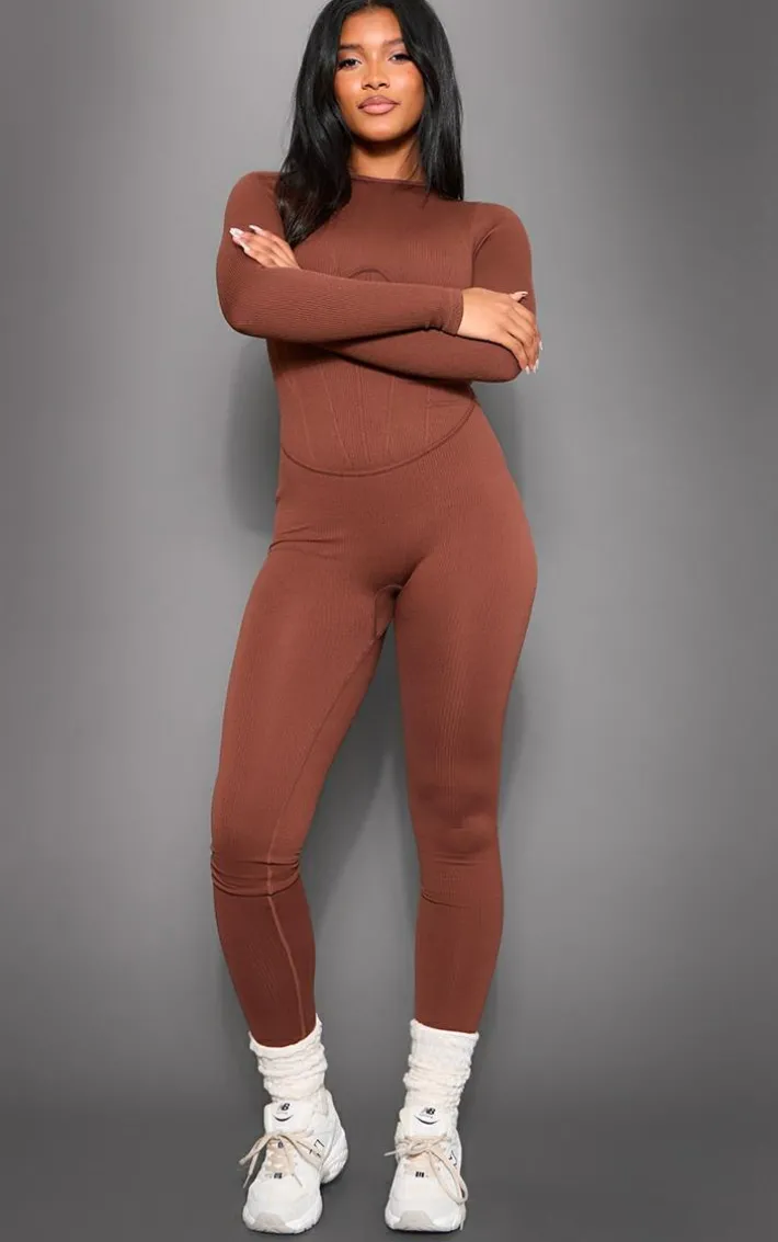 Chocolate Snatched Rib Long Sleeve Corset Detail Jumpsuit