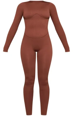 Chocolate Snatched Rib Long Sleeve Corset Detail Jumpsuit
