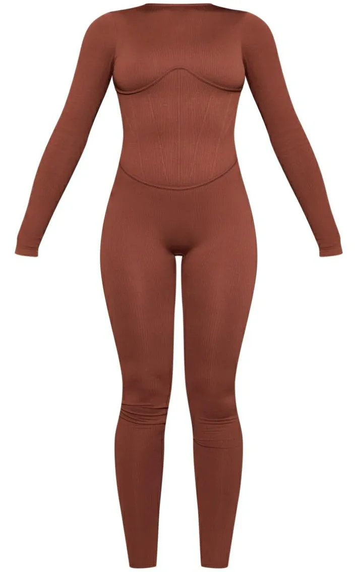 Chocolate Snatched Rib Long Sleeve Corset Detail Jumpsuit